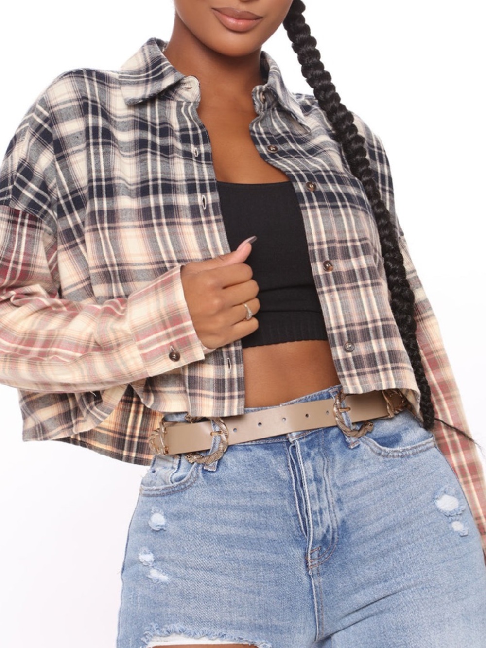 Fashion Nova Cropped Plaid Button-Up Shirt in Beige, Navy and Red